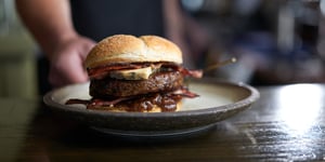 Burger with Angel Bay patty on plate