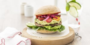 Angel Bay 120g Gluten-Free Beef Burger Patties in a rainbow burger.