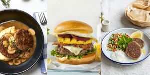 Collage of meals with Angel Bay burger patties.